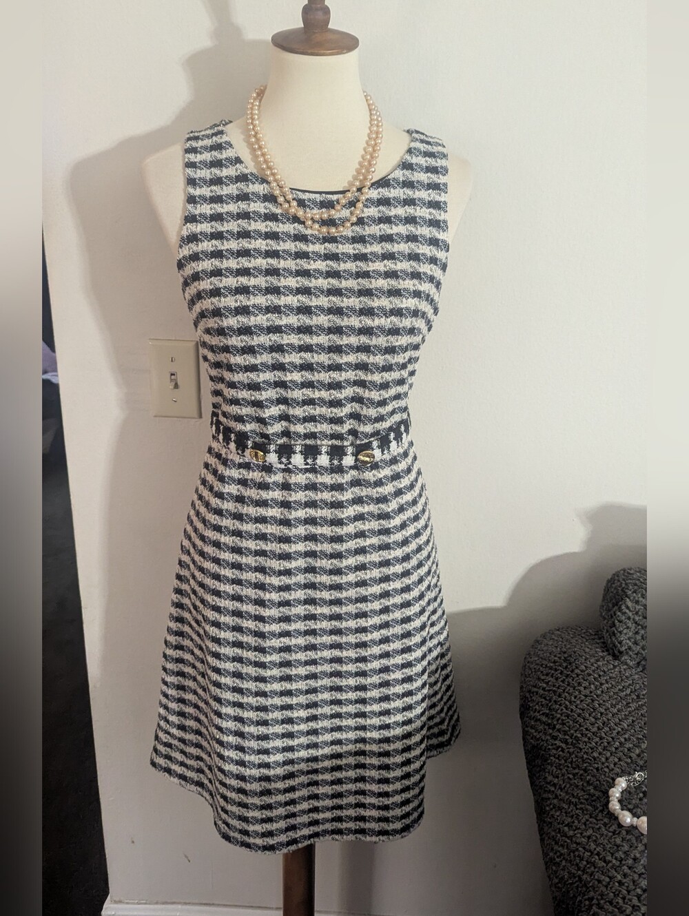 Gilli Black White Houndstooth Tweed Belted Dress Medium Petite MP
